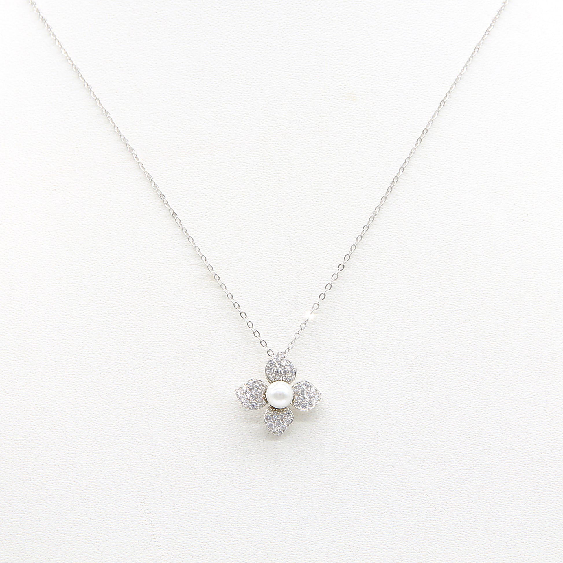 Sterling silver PavÃ© Crystal Flower Pendant Necklace with Pearl Center necklace polished finish