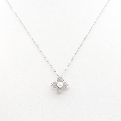 Sterling silver PavÃ© Crystal Flower Pendant Necklace with Pearl Center necklace polished finish