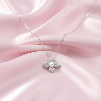 Sterling silver PavÃ© Crystal Flower Pendant Necklace with Pearl Center necklace polished finish