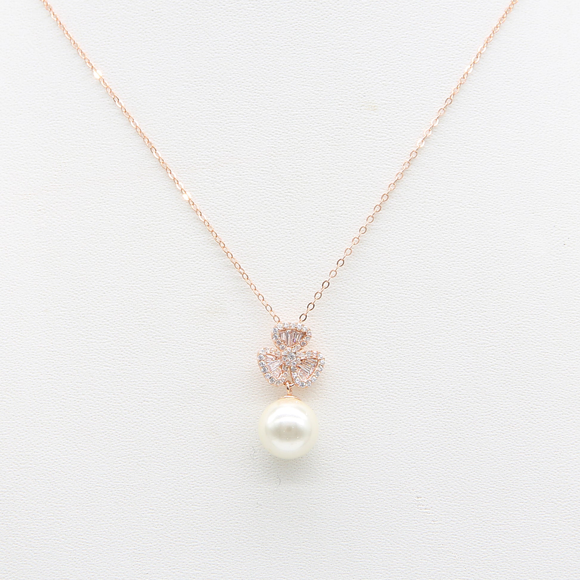 Sterling silver Crystal Clover Pendant Necklace with Pearl Drop necklace rose gold finish