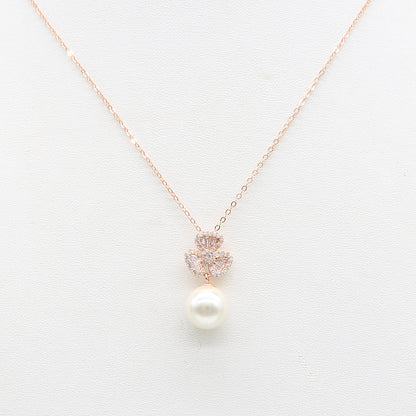 Sterling silver Crystal Clover Pendant Necklace with Pearl Drop necklace rose gold finish