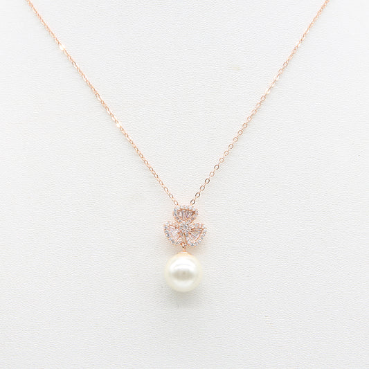 Elegant Crystal Clover Pendant Necklace with Pearl Drop - Rose Gold