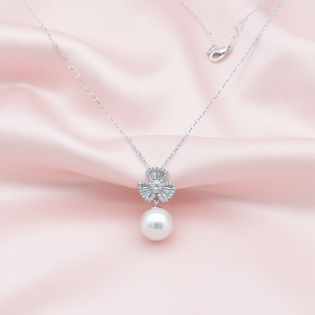 Sterling silver Crystal Clover Pendant Necklace with Pearl Drop necklace polished finish