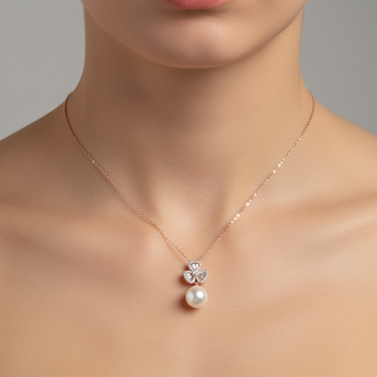 Sterling silver Crystal Clover Pendant Necklace with Pearl Drop necklace rose gold finish