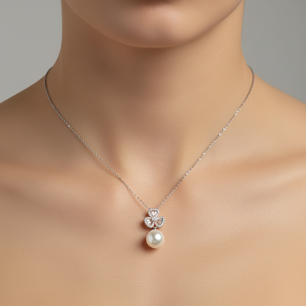 Sterling silver Crystal Clover Pendant Necklace with Pearl Drop necklace polished finish