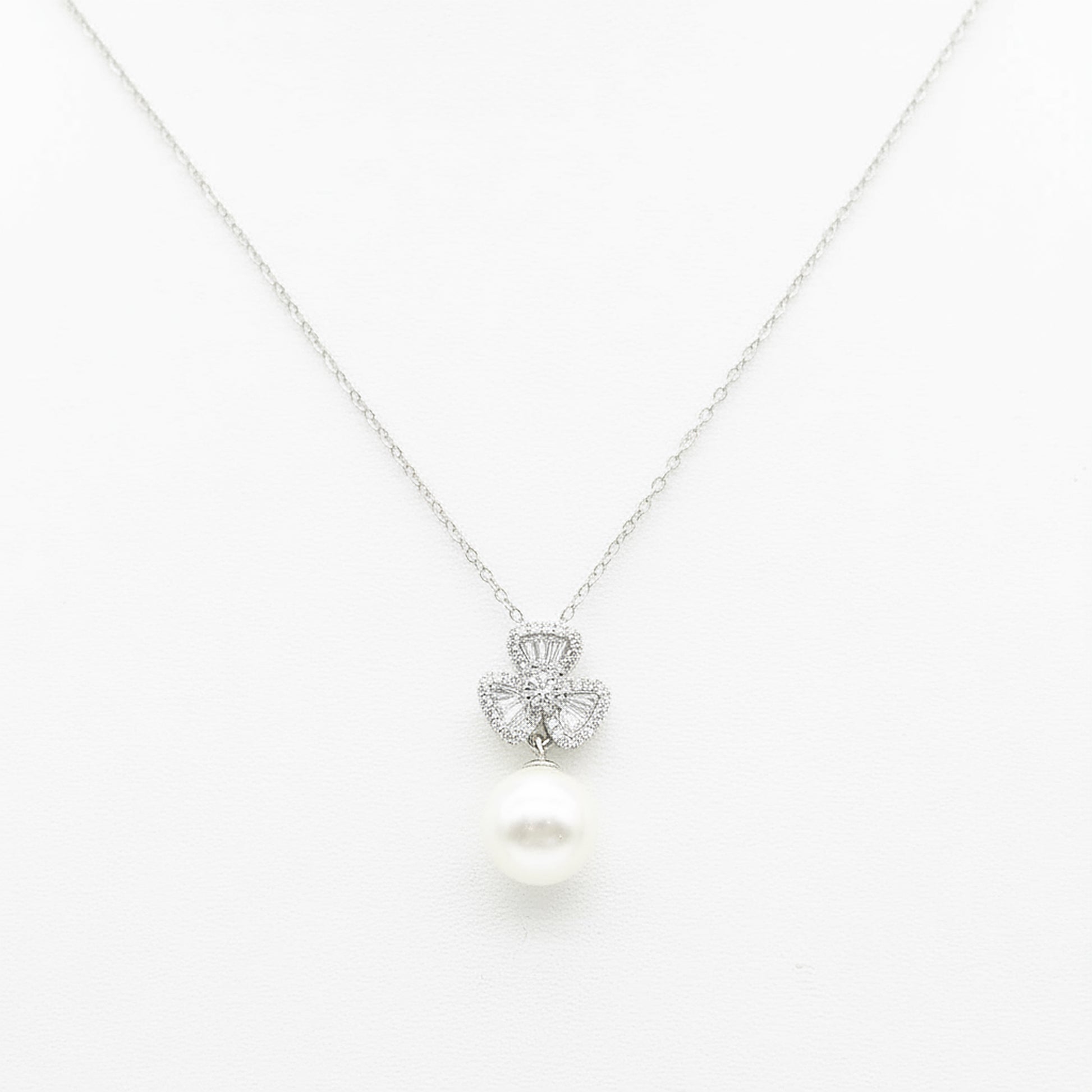 Sterling silver Crystal Clover Pendant Necklace with Pearl Drop necklace polished finish