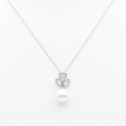 Sterling silver Crystal Clover Pendant Necklace with Pearl Drop necklace polished finish