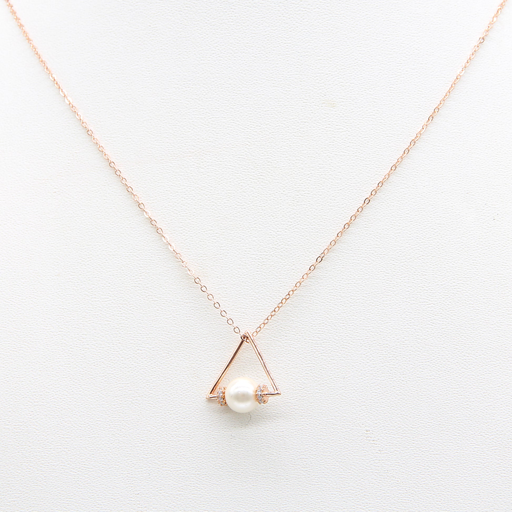 Sterling silver Geometric Triangle Pearl Pendant Necklace with PavÃ© Accents necklace rose gold finish