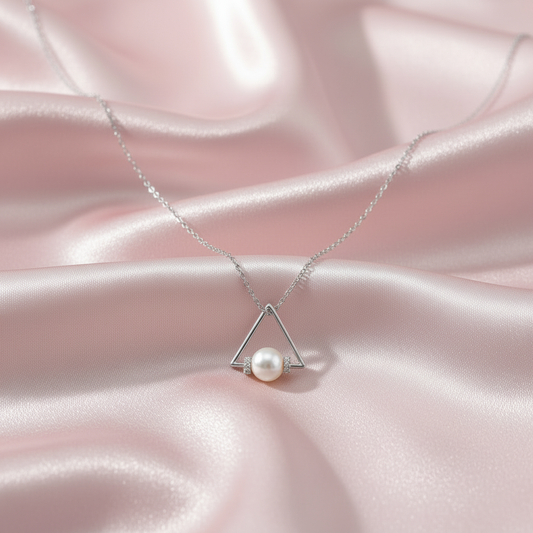 Elegant Triangle Pearl Pendant Necklace with Crystal Accents - Silver