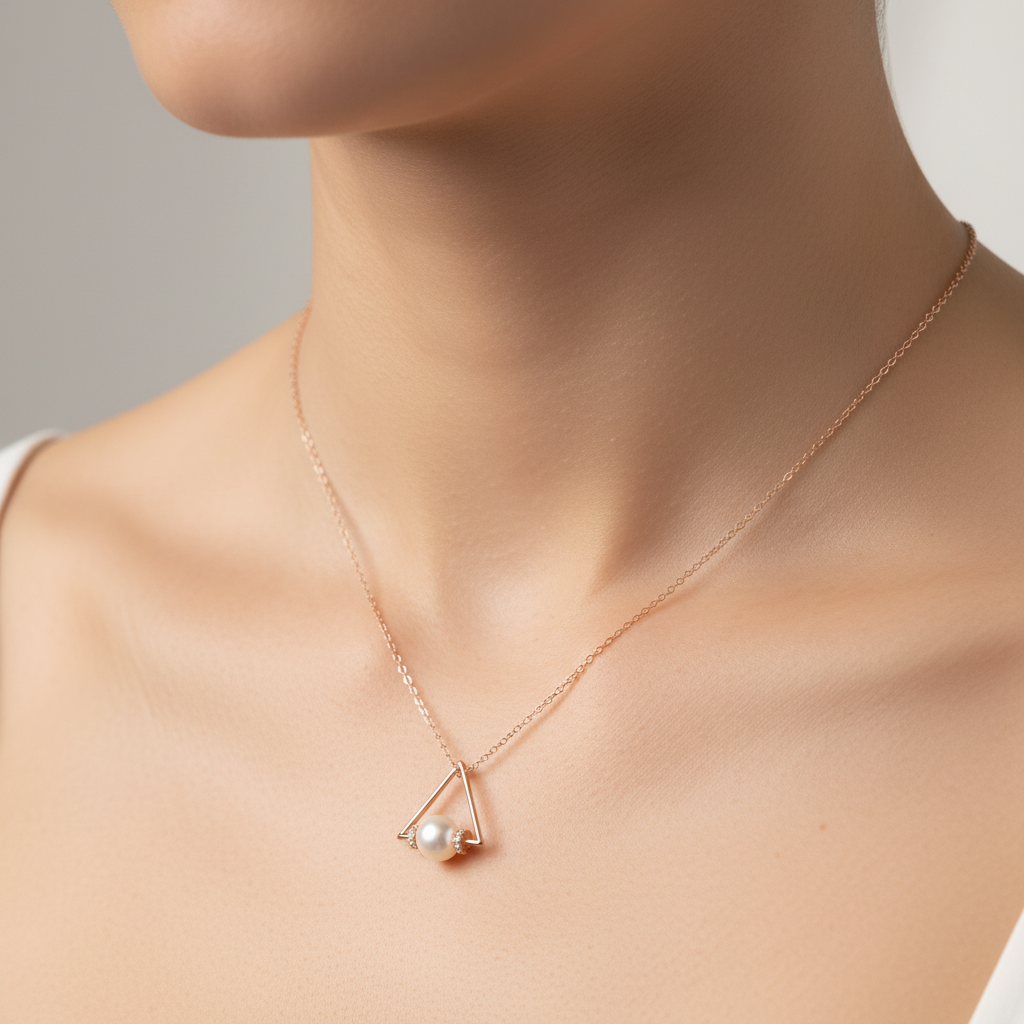 Sterling silver Geometric Triangle Pearl Pendant Necklace with PavÃ© Accents necklace rose gold finish
