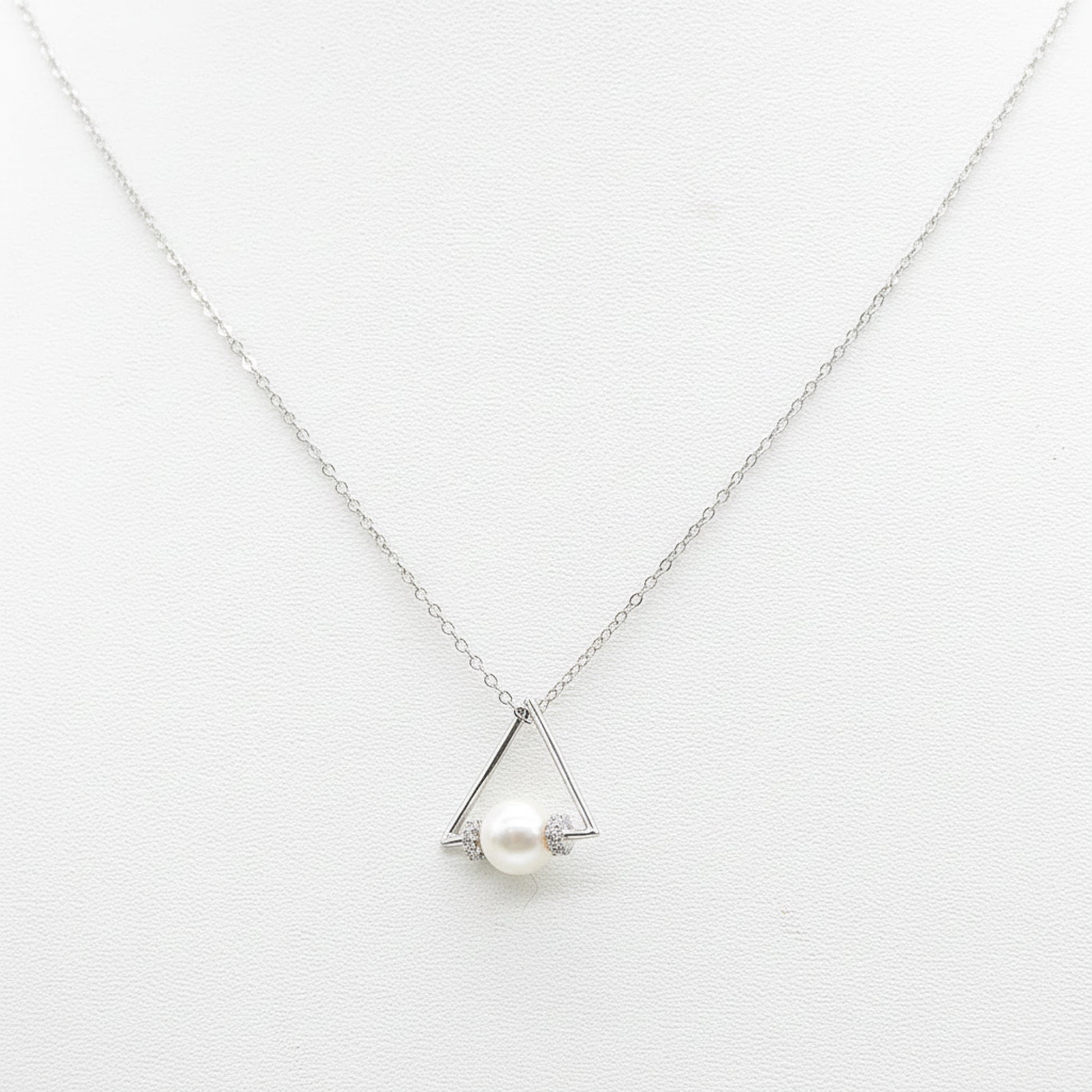 Sterling silver Triangle Pearl Pendant Necklace with Crystal Accents necklace polished finish
