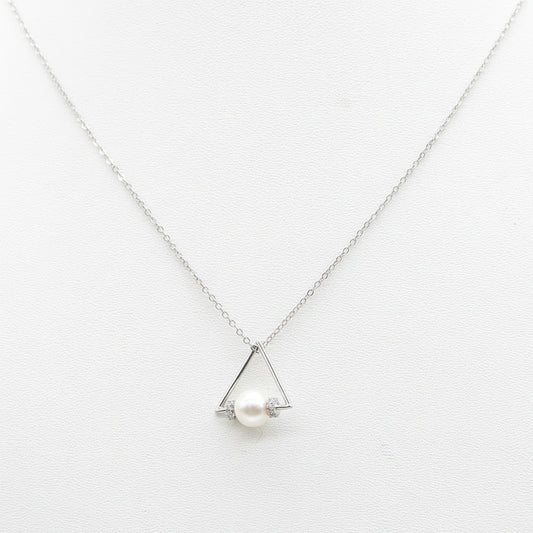 Elegant Triangle Pearl Pendant Necklace with Crystal Accents - Silver