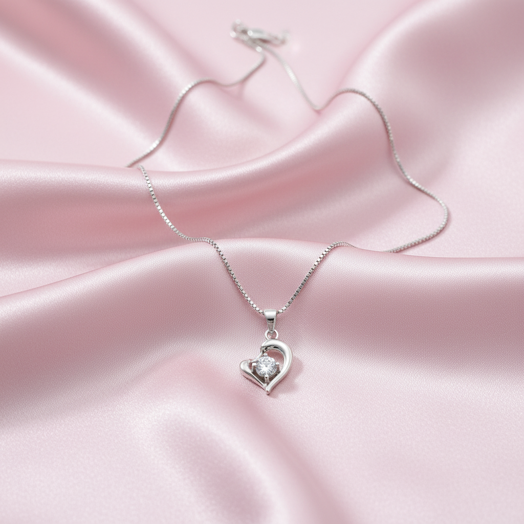 Sterling silver Open Heart Crystal Pendant necklace polished finish