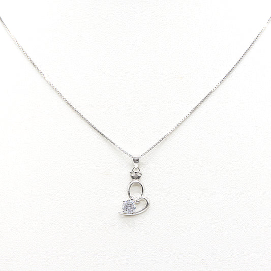 Charming Crown Heart Crystal Pendant Necklace - Silver