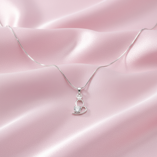 Charming Crown Heart Crystal Pendant Necklace - Silver