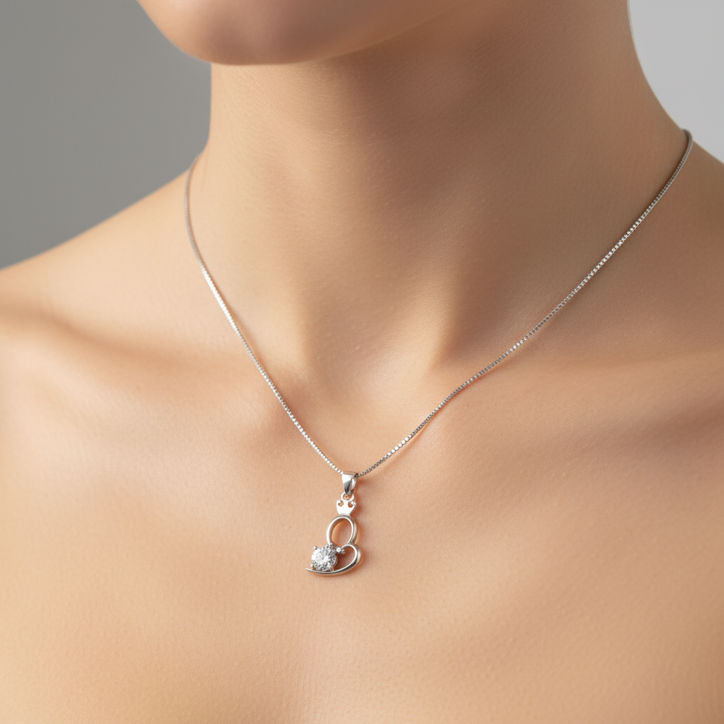 Charming Crown Heart Crystal Pendant Necklace - Silver