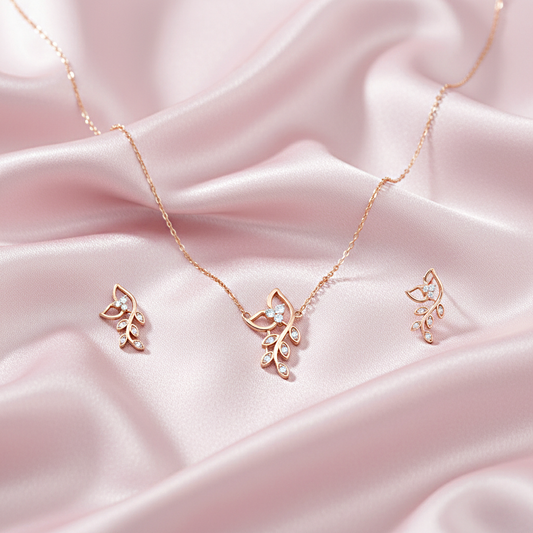 Rose Gold Leaf Necklace and Earring Set