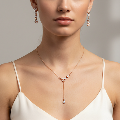 Sterling silver Y-Necklace and Teardrop necklace and earring set rose gold finish