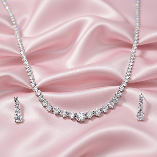 Silver Graduated Crystal Necklace and Earring Set