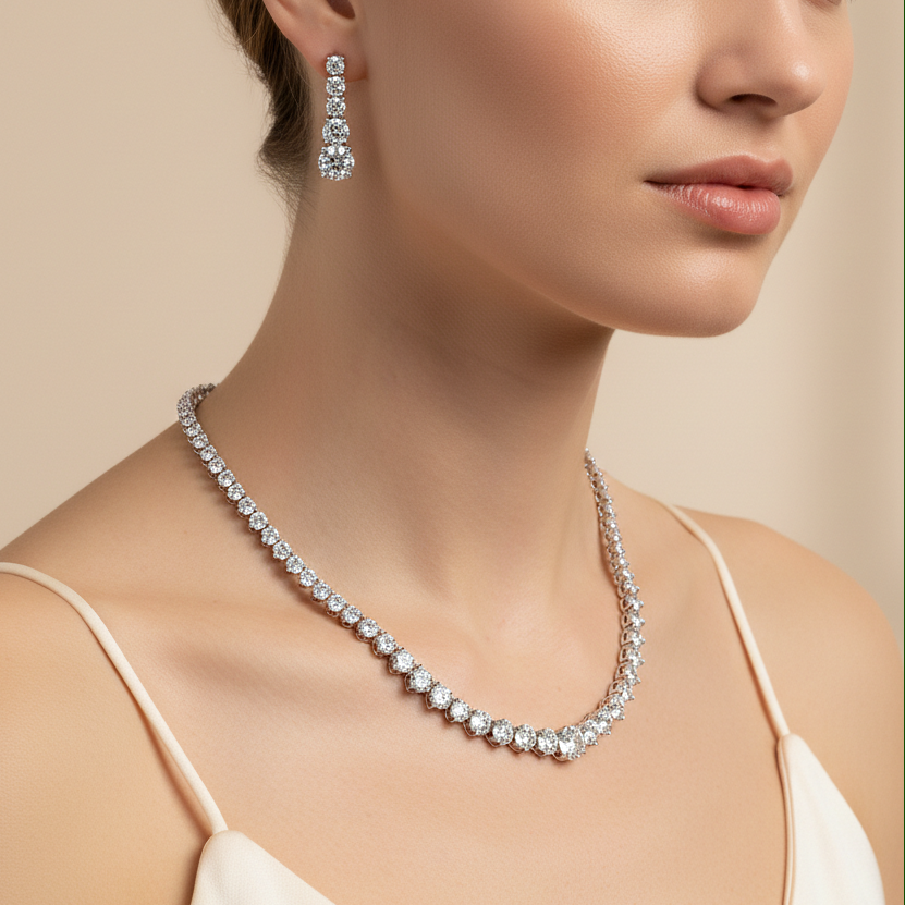 Sterling silver Graduated Crystal necklace and earring set polished finish