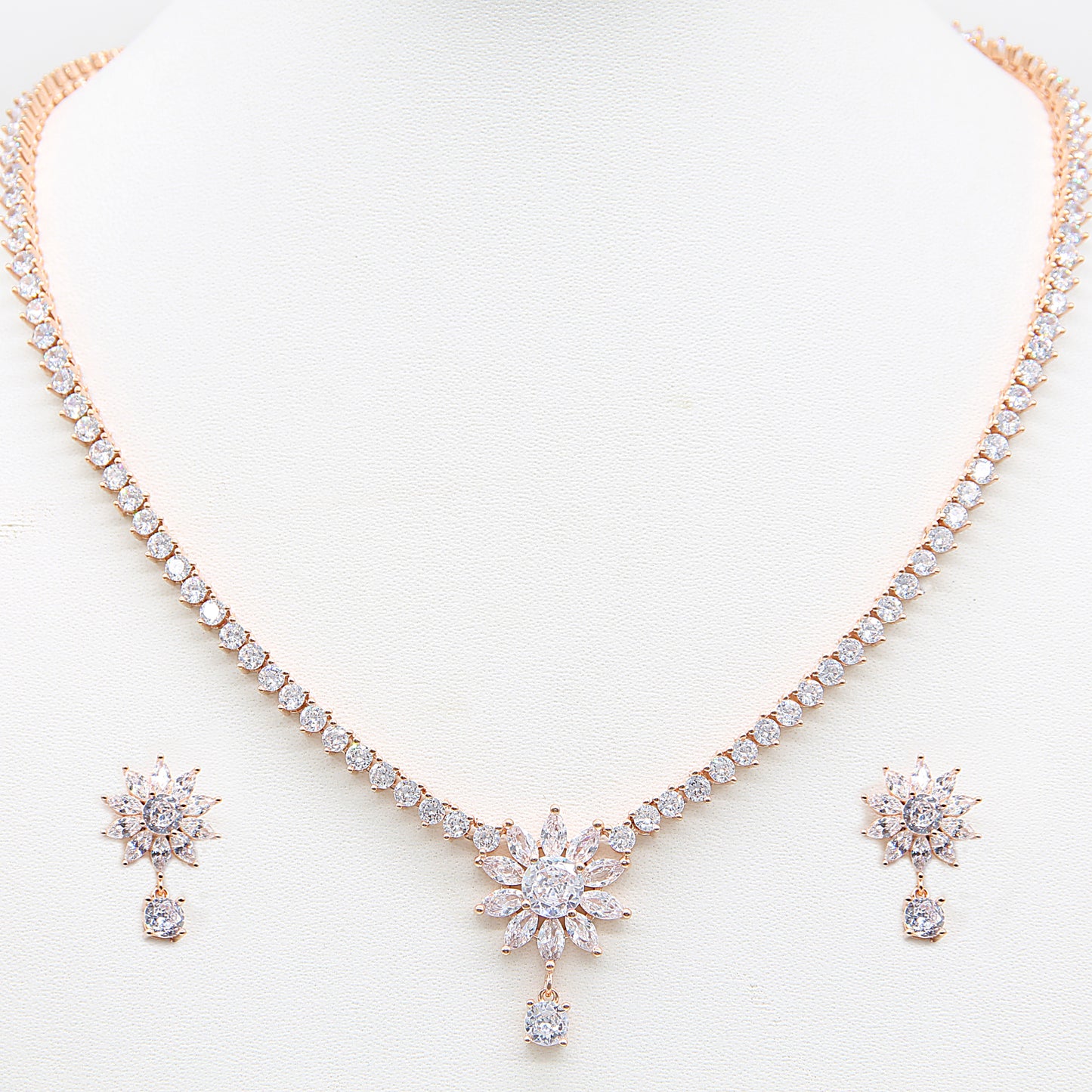 Sterling silver Crystal Sunburst necklace and earring set rose gold finish