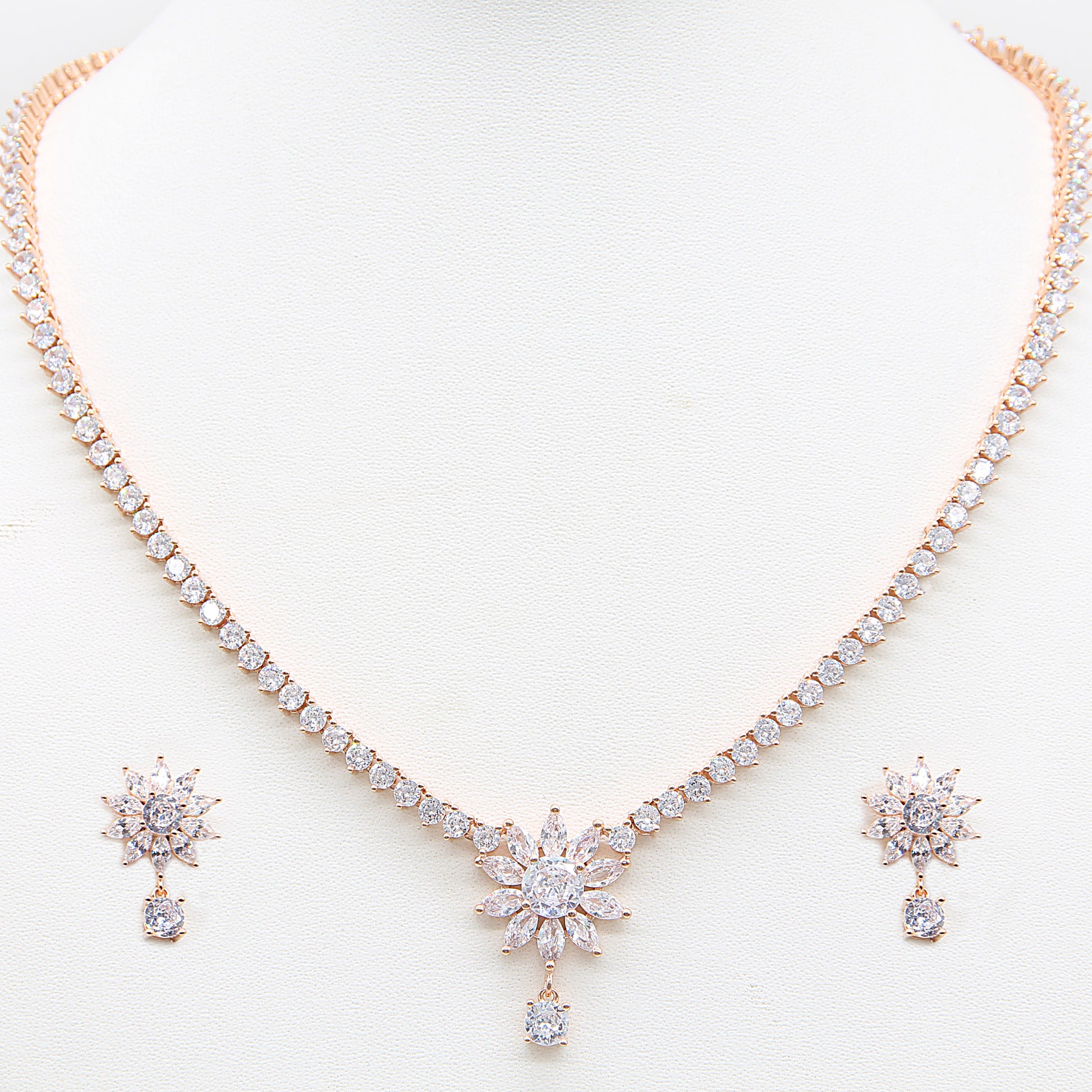Sterling silver Crystal Sunburst necklace and earring set rose gold finish