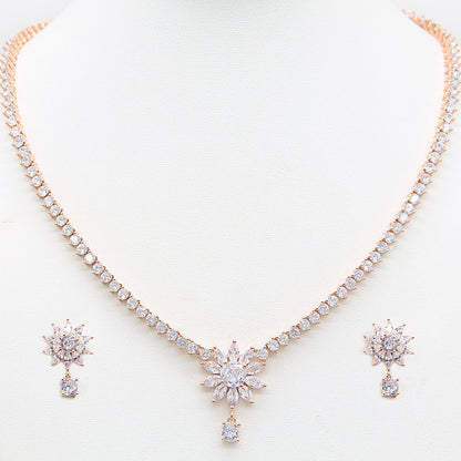 Sterling silver Crystal Sunburst necklace and earring set rose gold finish