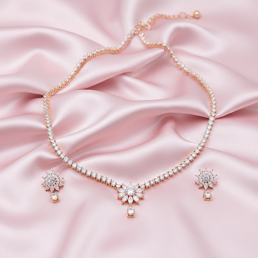 Sterling silver Crystal Sunburst necklace and earring set rose gold finish