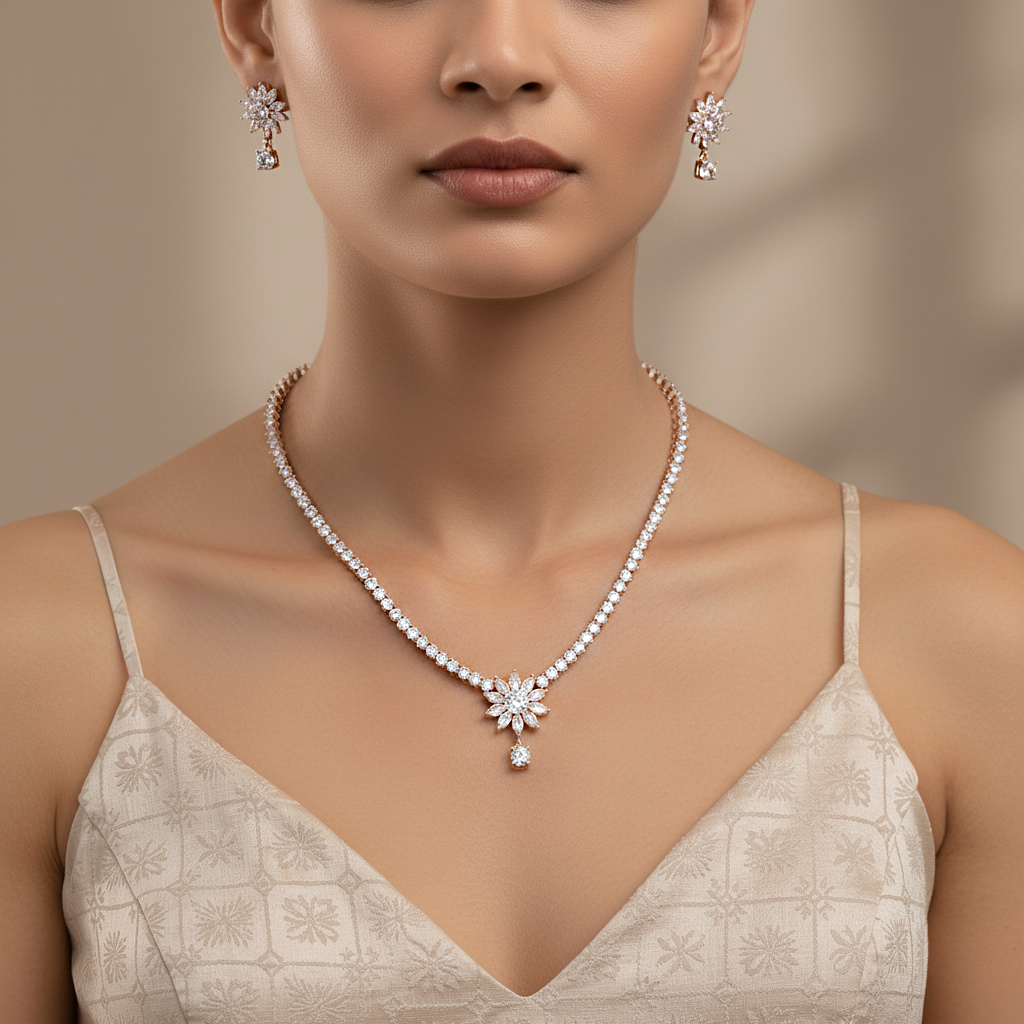 Sterling silver Crystal Sunburst necklace and earring set rose gold finish