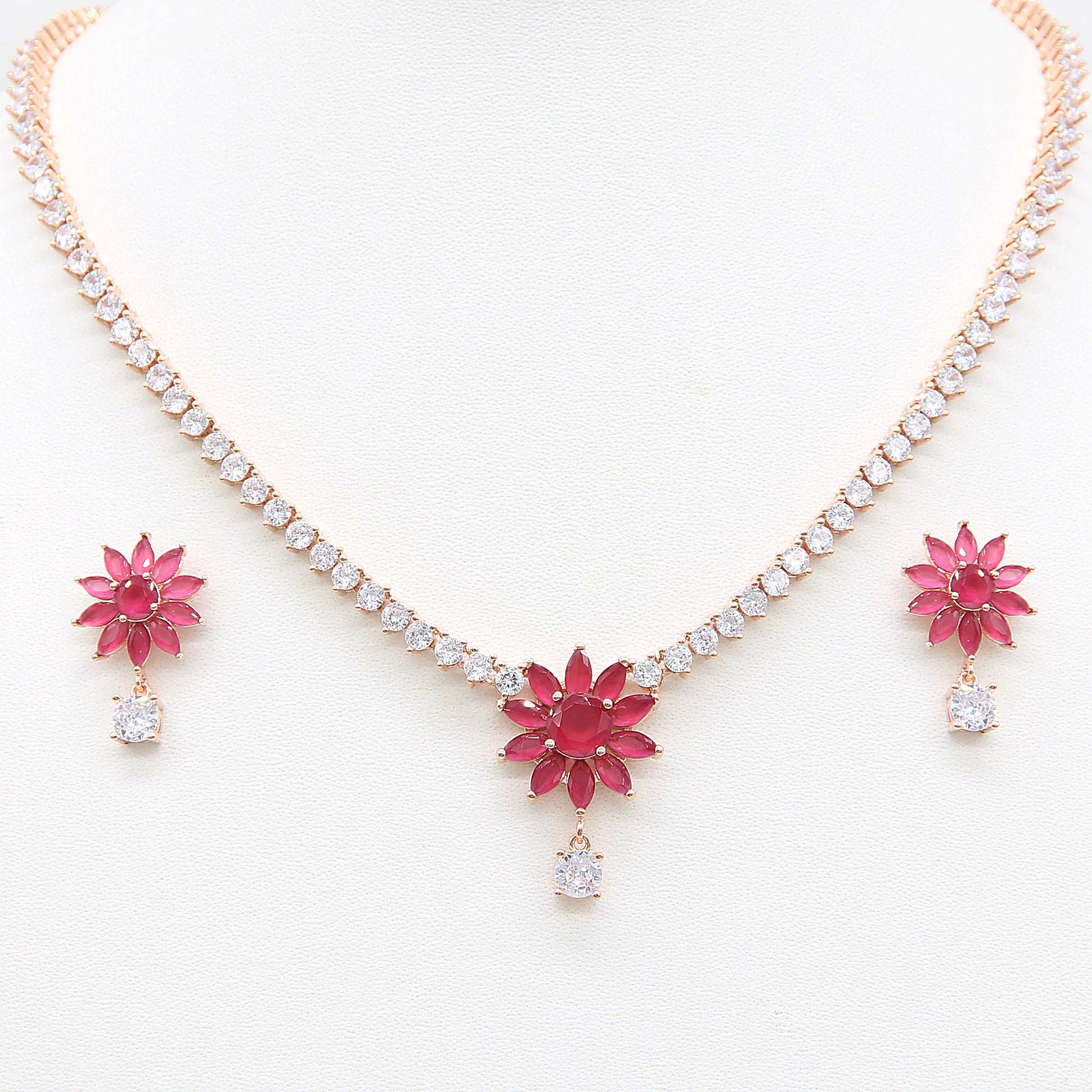 Sterling silver Ruby Sunburst necklace and earring set rose gold finish