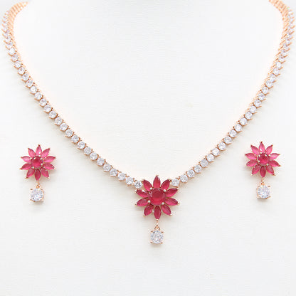 Sterling silver Ruby Sunburst necklace and earring set rose gold finish