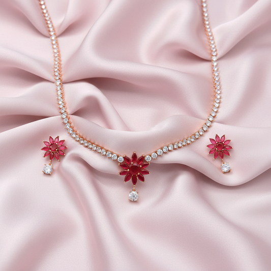 Rose Gold Ruby Sunburst Necklace and Earring Set