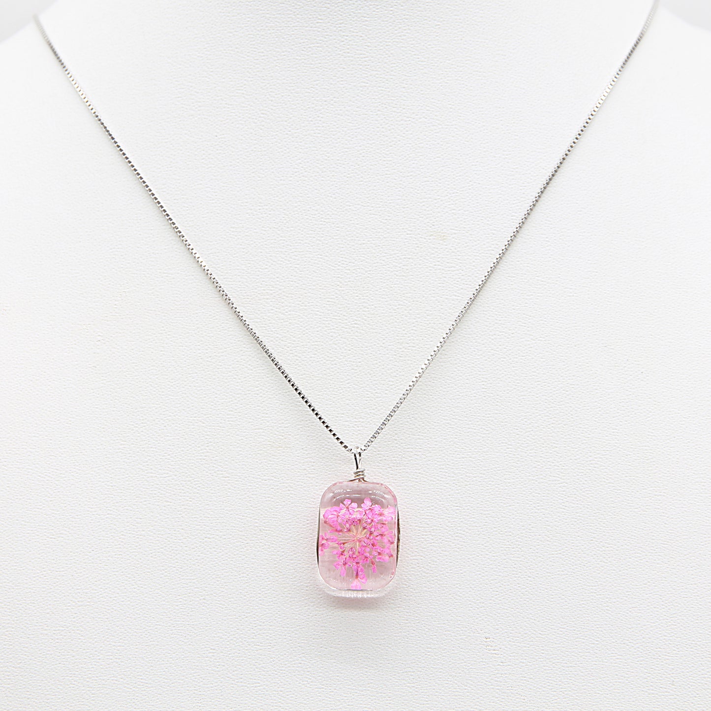 Sterling silver Pressed Pink Flower Glass Pendant necklace polished finish