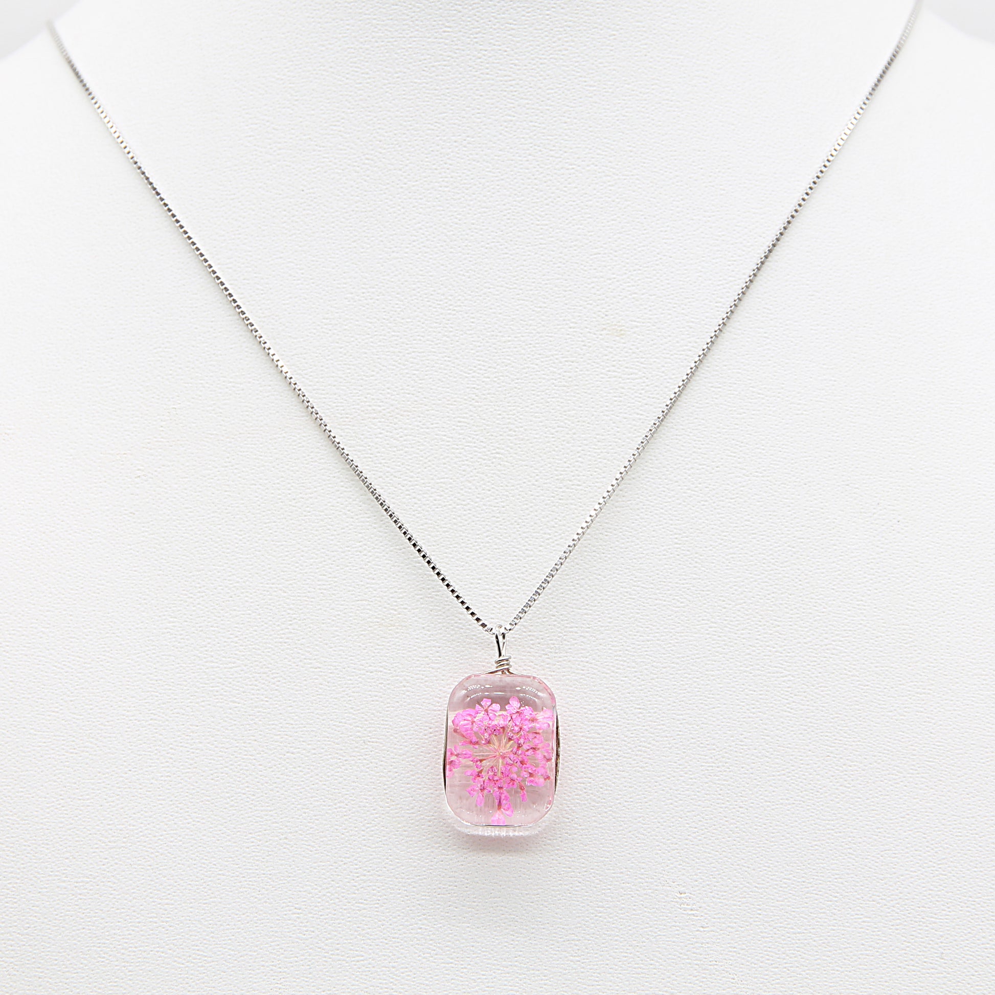 Sterling silver Pressed Pink Flower Glass Pendant necklace polished finish