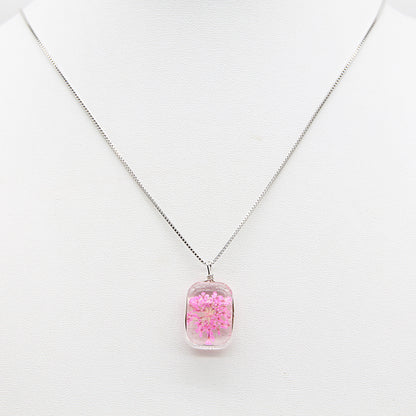 Sterling silver Pressed Pink Flower Glass Pendant necklace polished finish