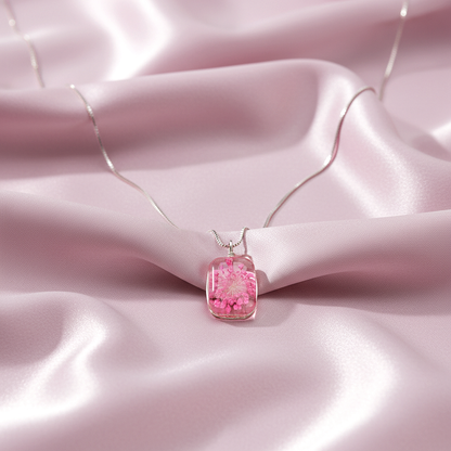 Sterling silver Pressed Pink Flower Glass Pendant necklace polished finish