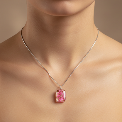 Sterling silver Pressed Pink Flower Glass Pendant necklace polished finish