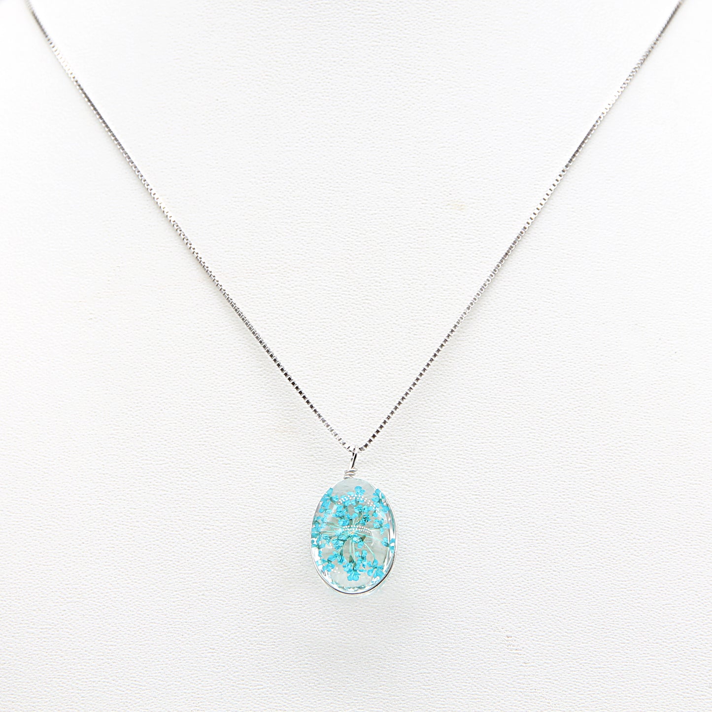 Sterling silver Turquoise Pressed Flower Oval Glass Pendant necklace polished finish
