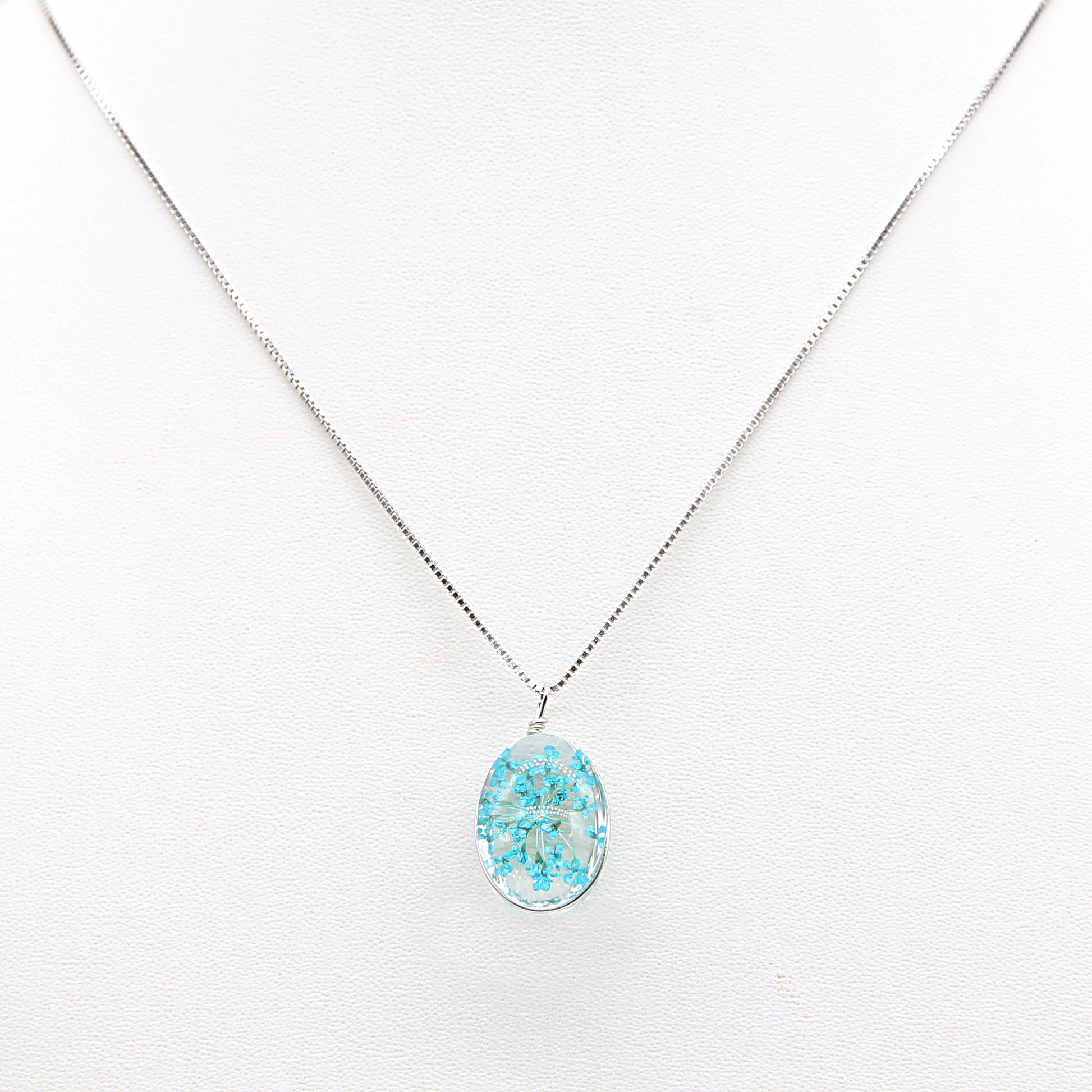 Sterling silver Turquoise Pressed Flower Oval Glass Pendant necklace polished finish