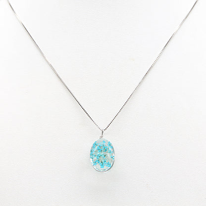 Sterling silver Turquoise Pressed Flower Oval Glass Pendant necklace polished finish