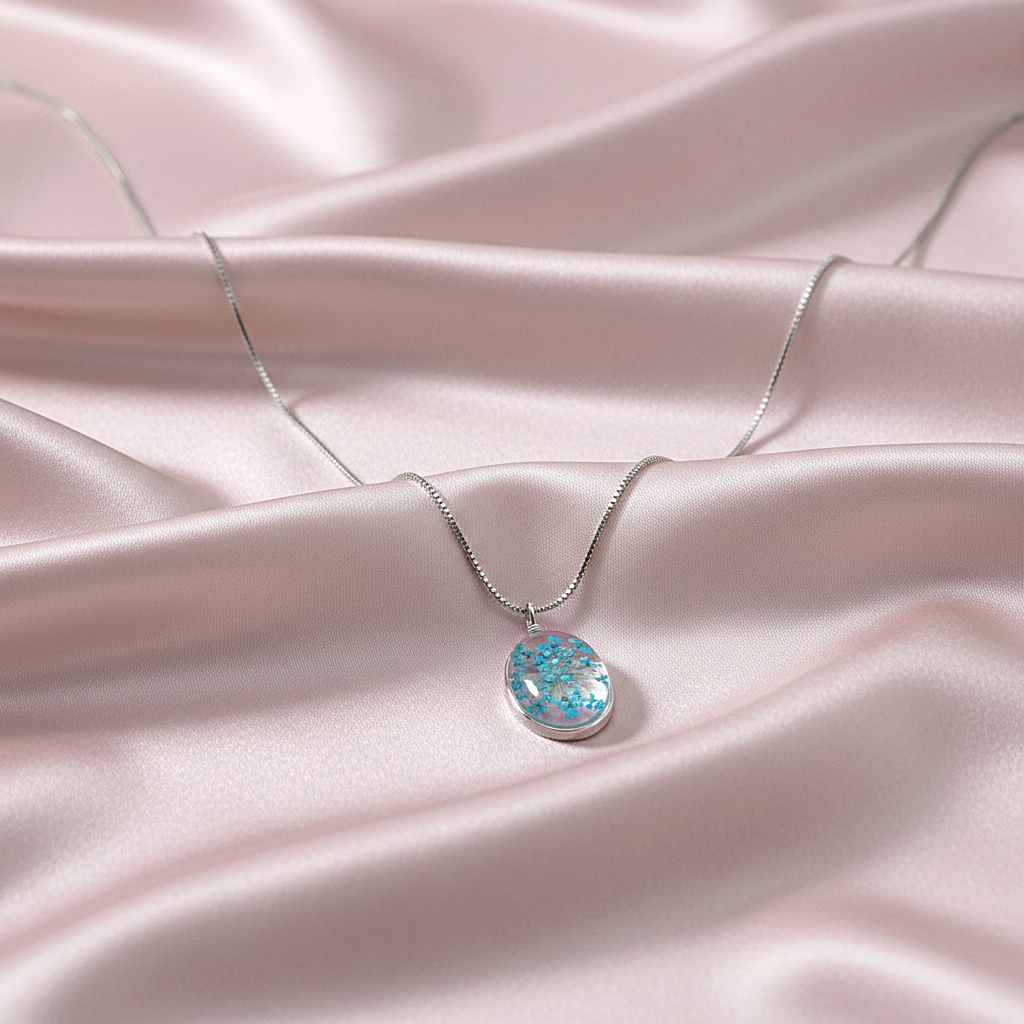 Sterling silver Turquoise Pressed Flower Oval Glass Pendant necklace polished finish