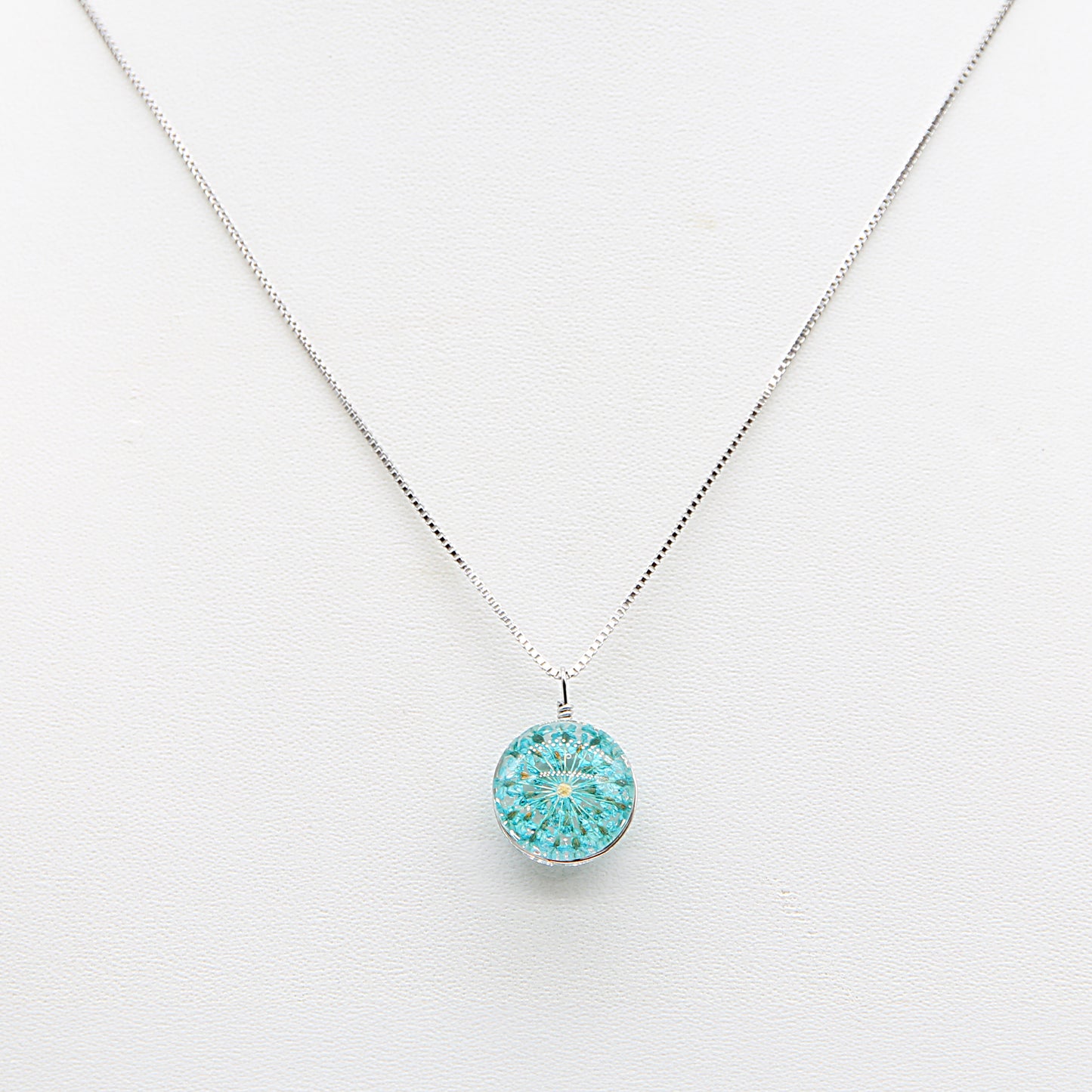 Sterling silver Round Turquoise Pressed Flower Glass Pendant necklace polished finish