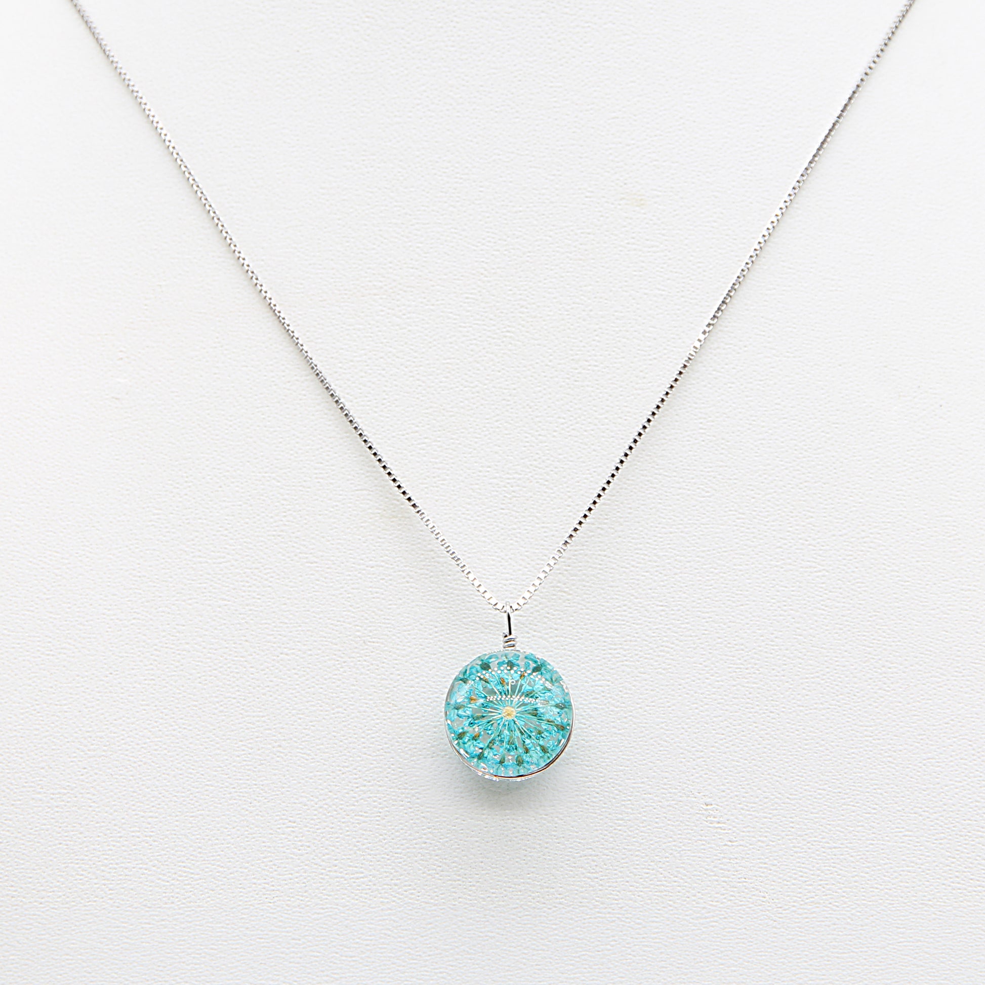 Sterling silver Round Turquoise Pressed Flower Glass Pendant necklace polished finish