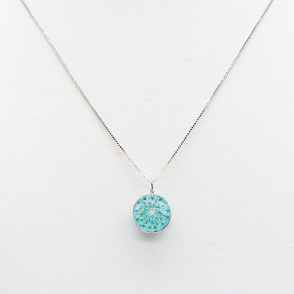 Sterling silver Round Turquoise Pressed Flower Glass Pendant necklace polished finish