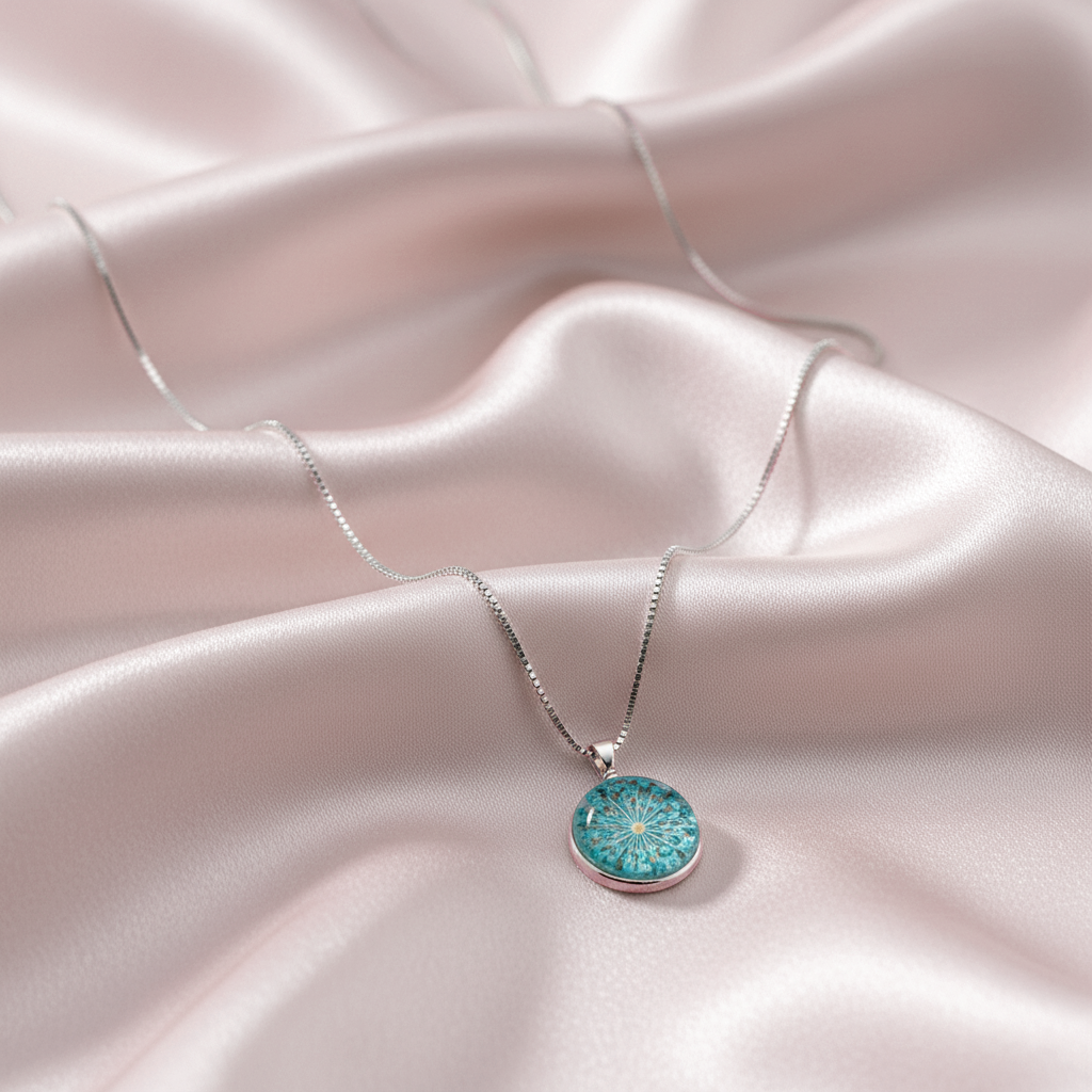 Sterling silver Round Turquoise Pressed Flower Glass Pendant necklace polished finish
