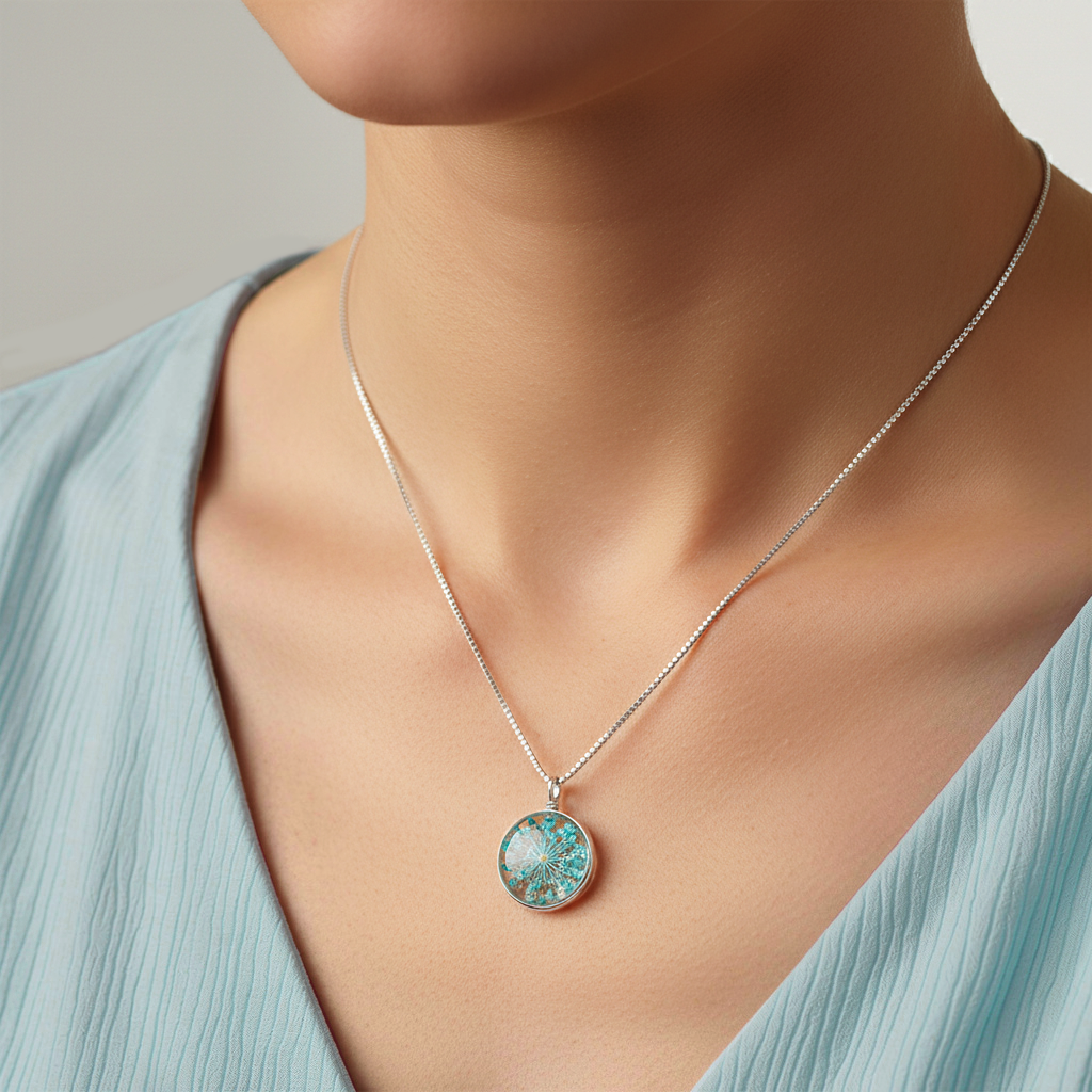 Sterling silver Round Turquoise Pressed Flower Glass Pendant necklace polished finish