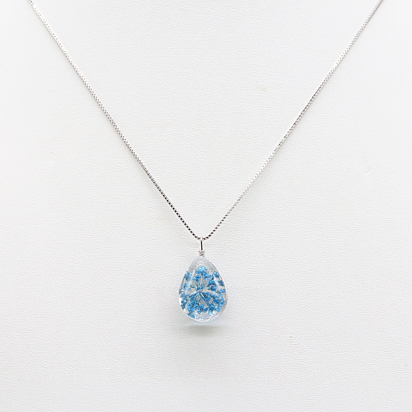 Sterling silver Blue Pressed Flower Teardrop Glass Pendant necklace polished finish