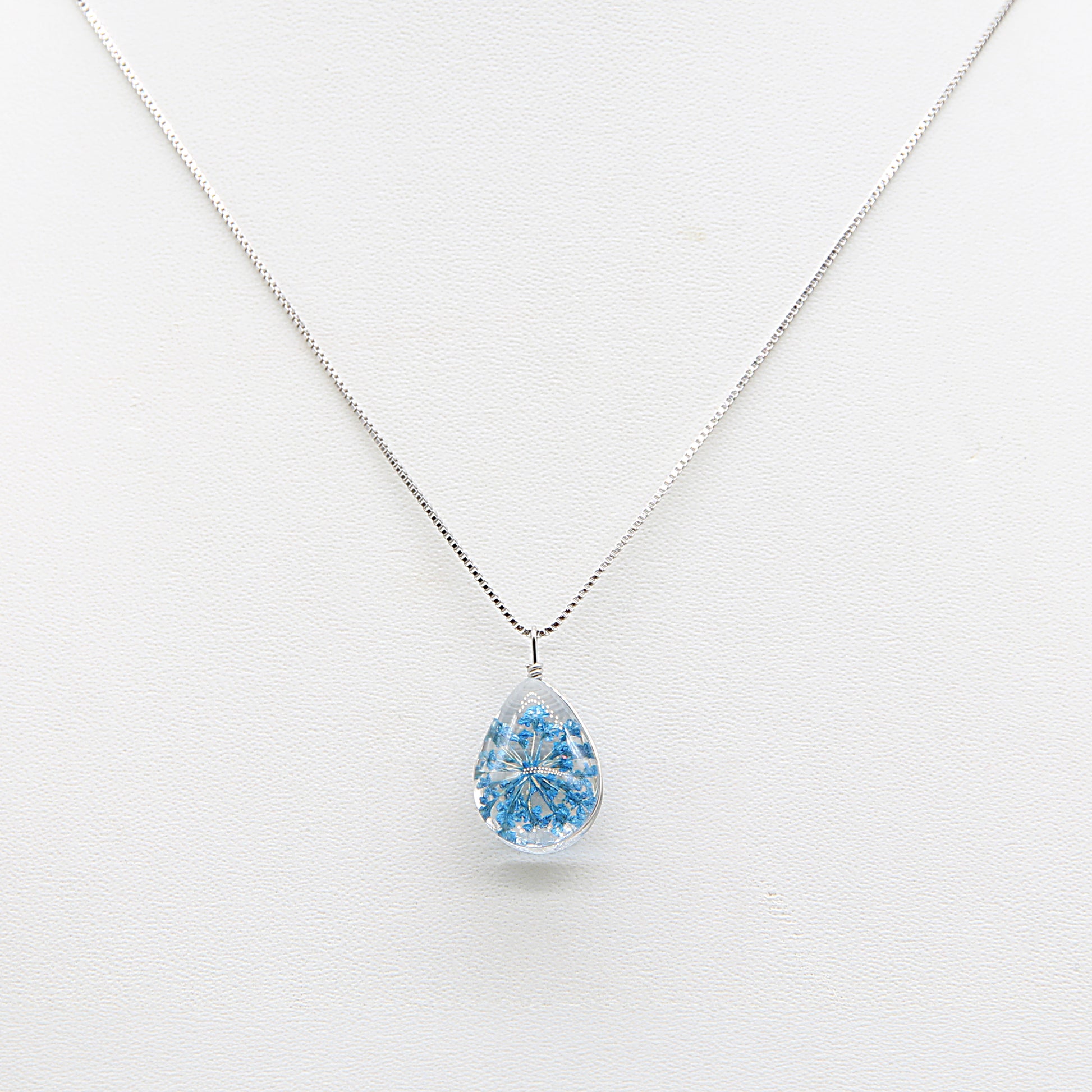 Sterling silver Blue Pressed Flower Teardrop Glass Pendant necklace polished finish