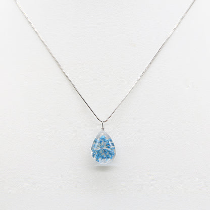 Sterling silver Blue Pressed Flower Teardrop Glass Pendant necklace polished finish