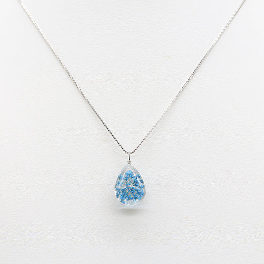 Sterling silver Blue Pressed Flower Teardrop Glass Pendant necklace polished finish